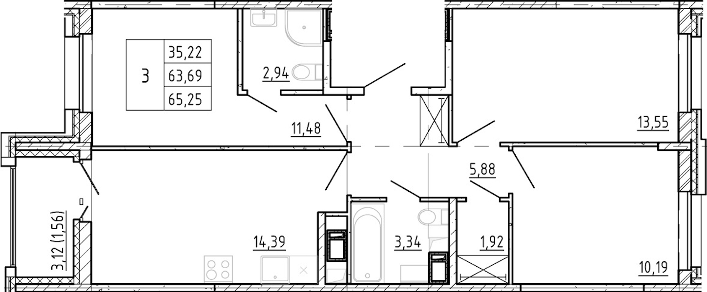 3-комнатная квартира 63.69 м², 12/12 эт., ЖК «Полис Новоселье»